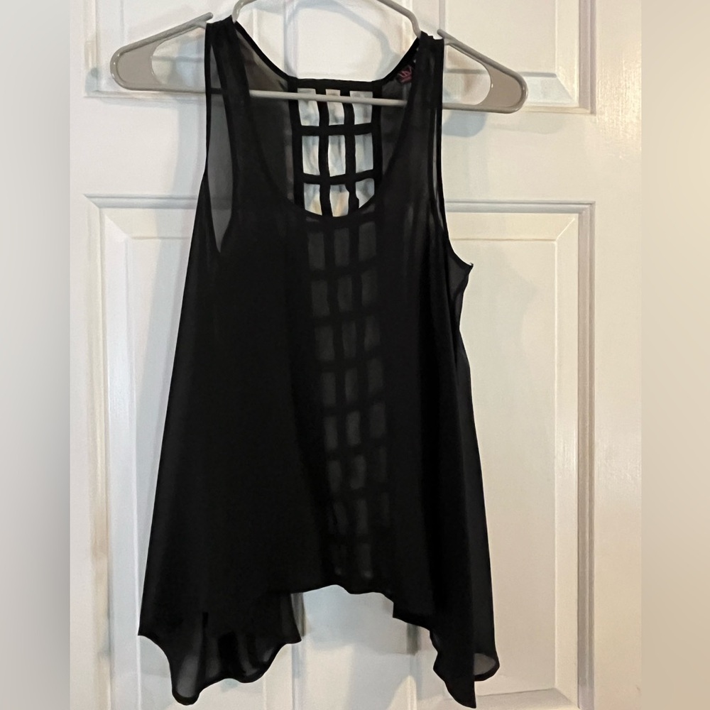 Sheer black tank with pattern cut out in back